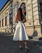 Rochie cununie civila albă midi cu corset din satin regal, șiret spate, cordon detașabil.