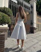 Rochie eleganta midi A-line pentru cununie civilă, fără mâneci, elegantă, cu fermoar discret și căptușeală, lungime 107 cm.