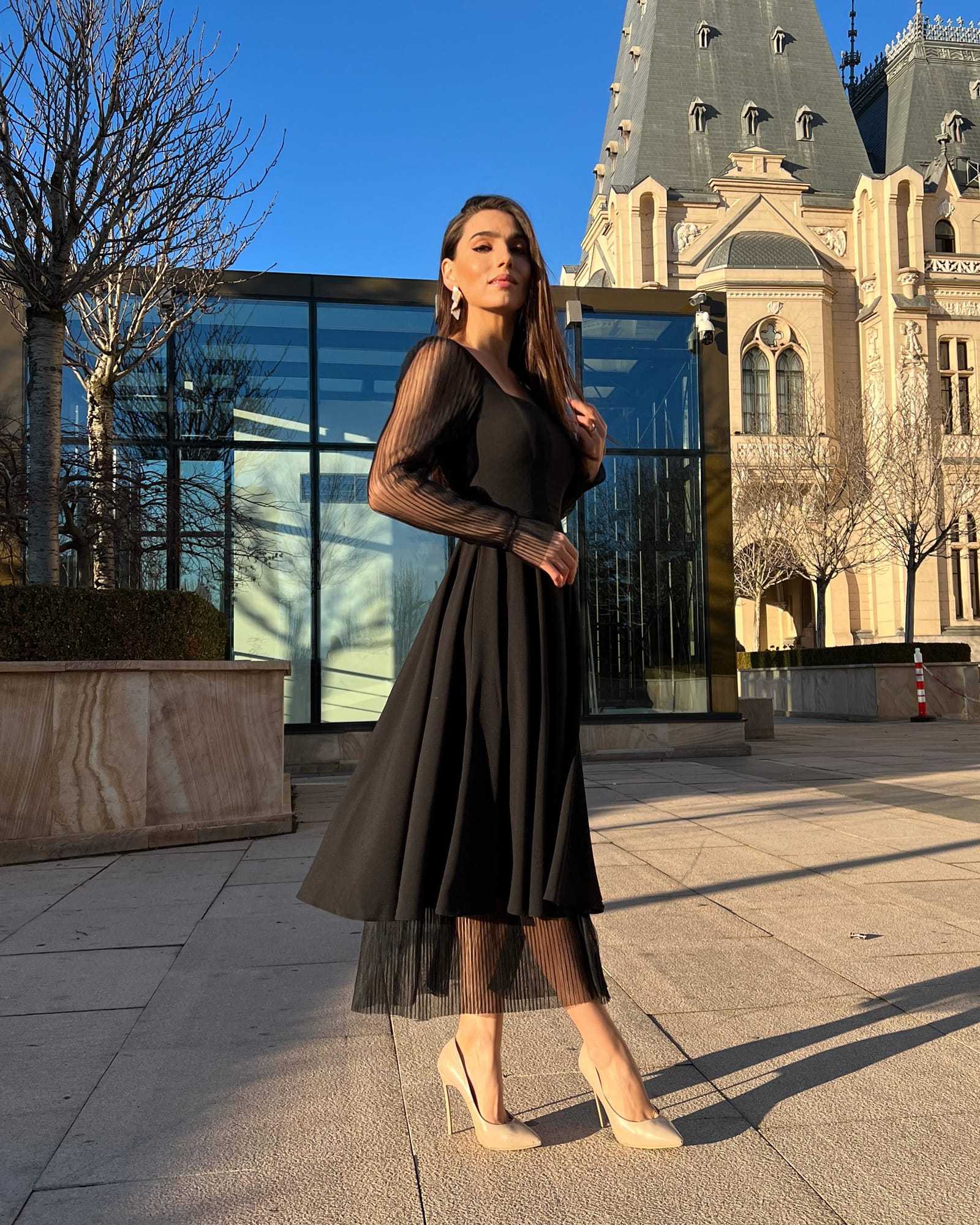 Rochie de ocazie neagra cu maneci transparente - BELLADRESS